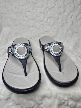 CROCS Women's Navy Blue Jeweled Thong Sandals with Silver Accents
